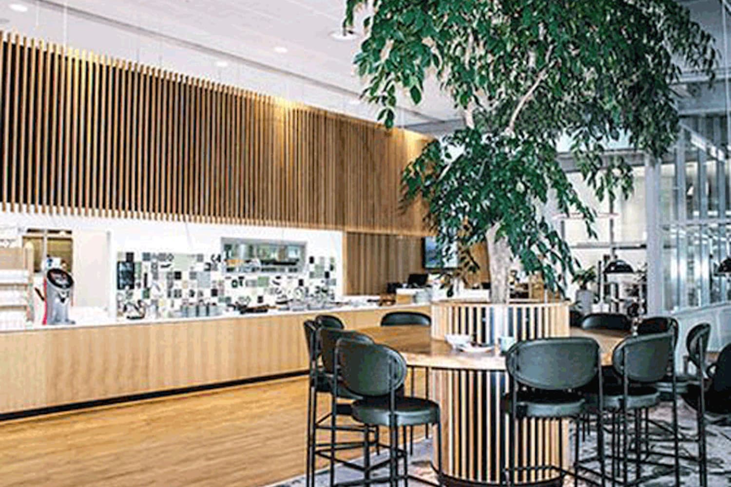 Helle Flughafenlounge mit Holzlamellenwand, langem Tresen und rundem Stehtisch mit Zimmerpflanze und Barhockern.