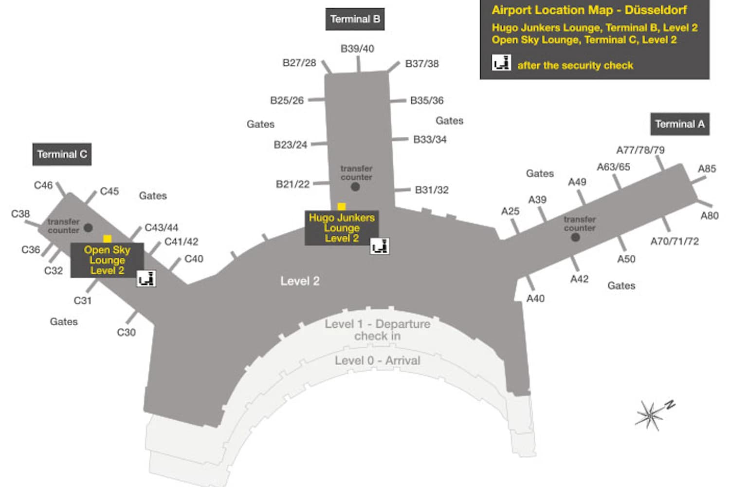 Lageplan Flughafen Düsseldorf mit der DUS Rhein Lounge in Flugsteig B – hinter der Sicherheitskontrolle