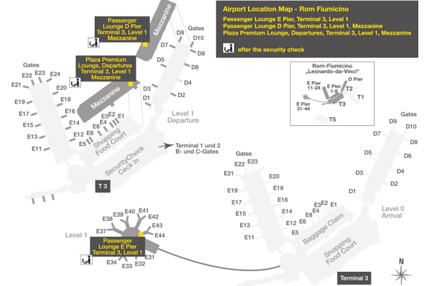 Lageplan Flughafen Rom-Fiumicino mit der Plaza Premium Lounge in Terminal 3 – hinter der Sicherheitskontrolle
