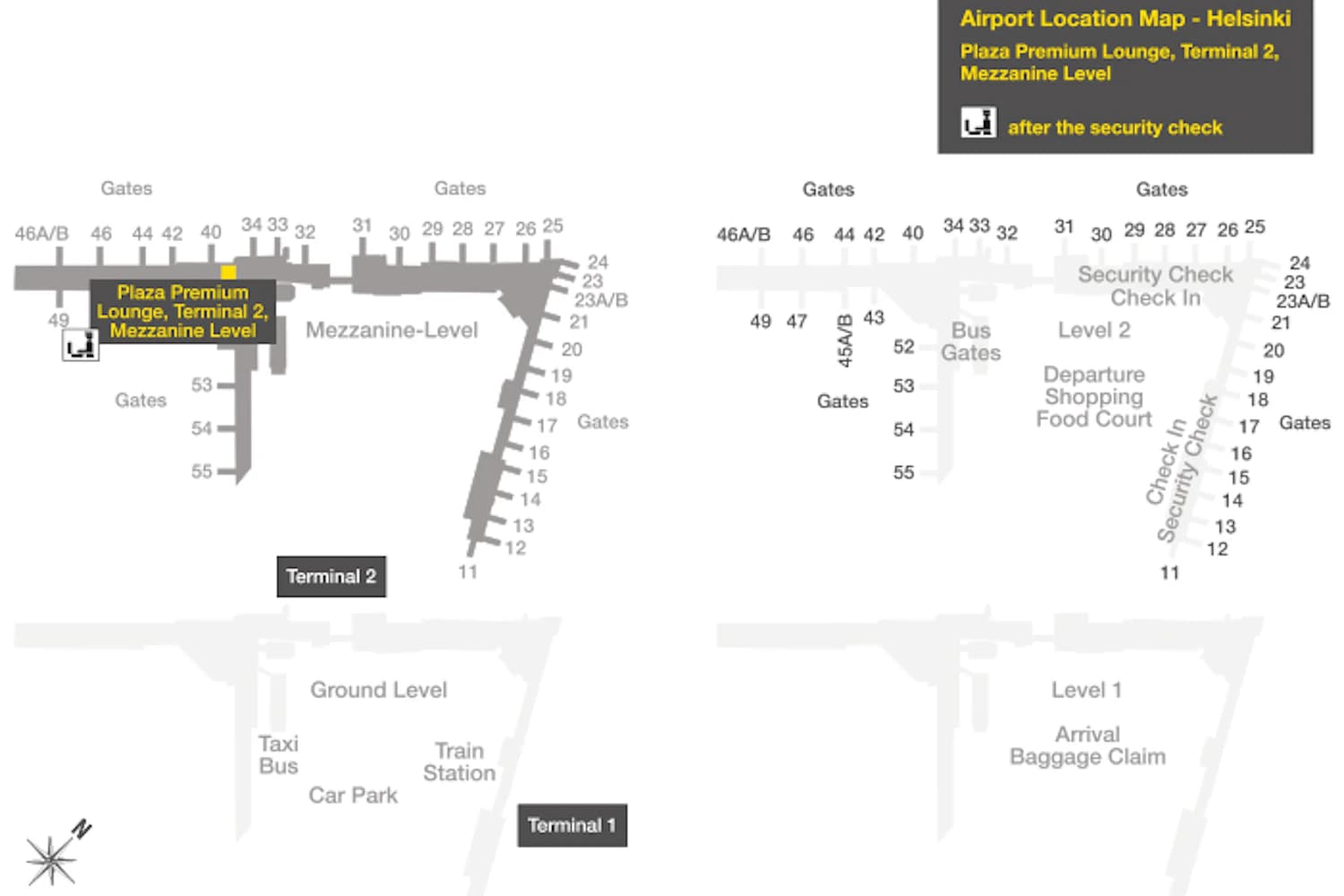 Lageplan Flughafen Helsinki mit der Plaza Premium Lounge in Terminal 2 – hinter der Sicherheitskontrolle