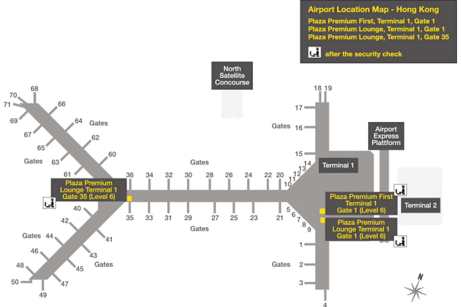 Lageplan Flughafen Hongkong mit der Plaza Premium Lounge in Terminal 1