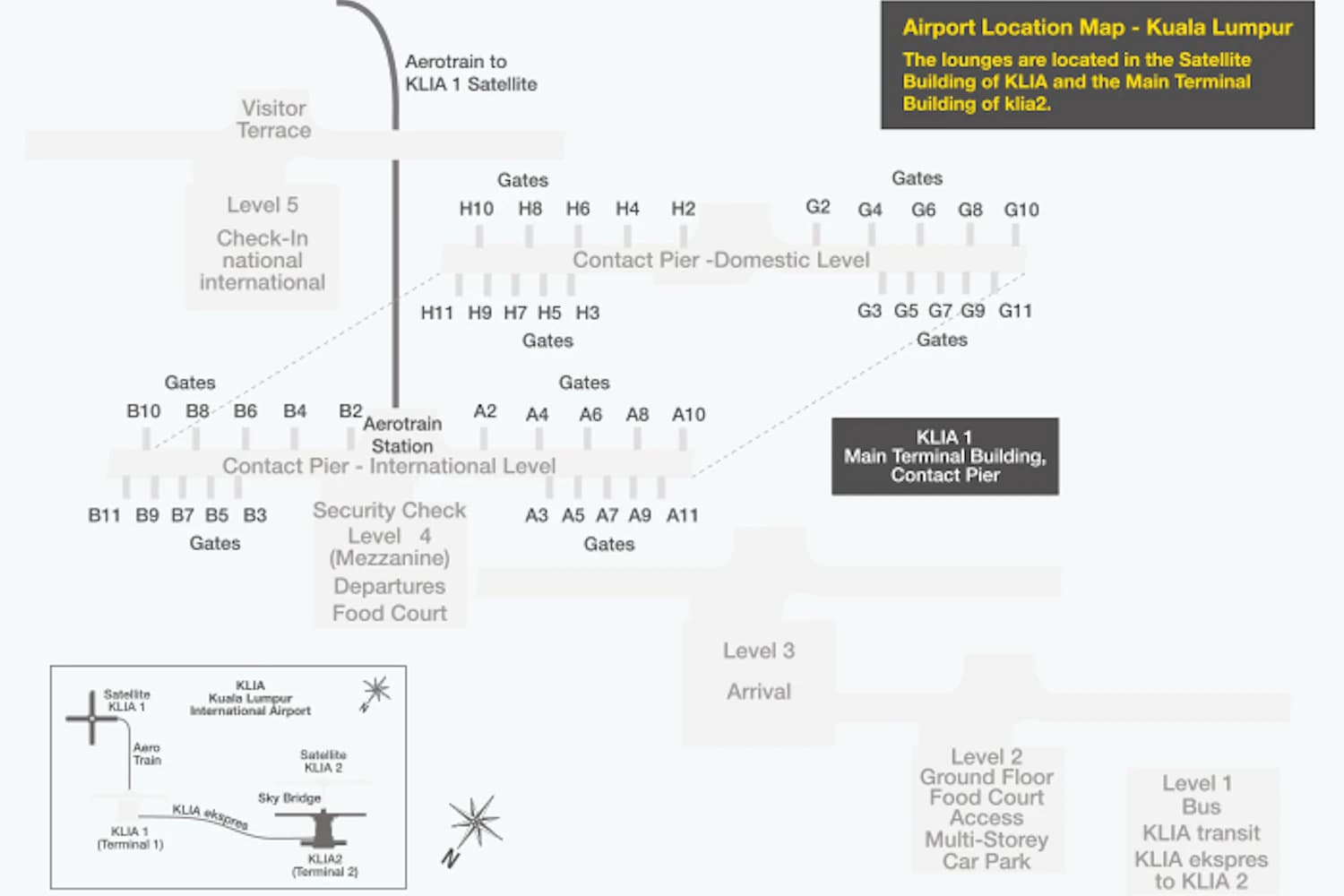 Lageplan Flughafen Kuala Lumpur mit der Plaza Premium Lounge in Terminal 2 – vor der Sicherheitskontrolle